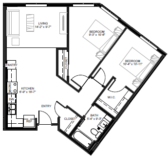 Floor plan for 2 beds, 1 bath, 920 sqft